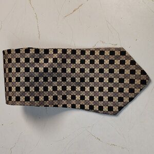 Claiborne Black Tan Gray Check 100% Silk Tie Mens
